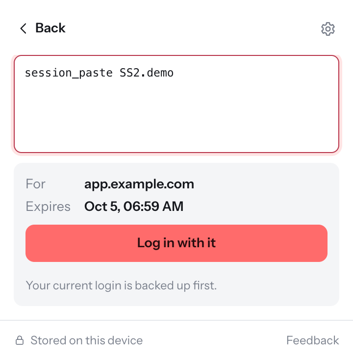 Pasting a share code shows the site and expiry before importing
