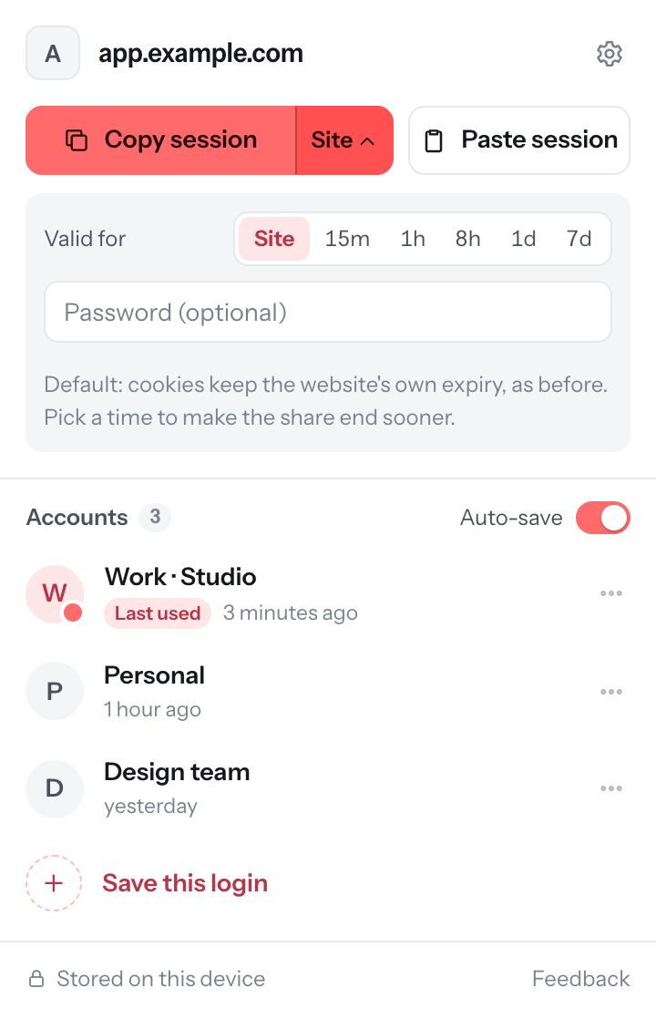 Copy options: keep the site's own expiry or choose 15 minutes to 7 days, with an optional password